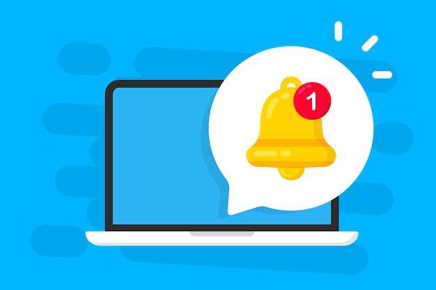 New notification on laptop screen. Unread notification message bubble. Laptop with notification bell. Alert message. Virus problem, danger error alerts, insecure messaging spam problems notifications