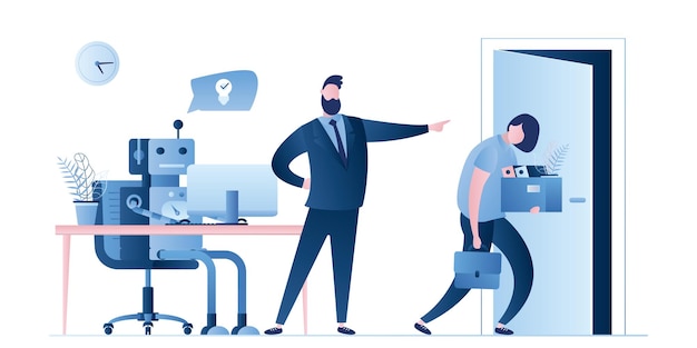 New robot on workplace and businessman dismissed woman worker Boss fire female employee