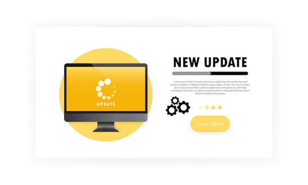 New update for computer banner. System software update and upgrade concept. Loading process in monitor screen. Vector on isolated white background. EPS 10.