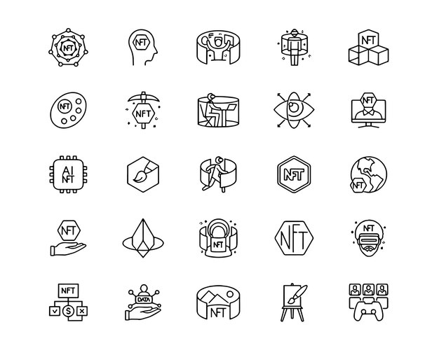 NFT NonFungible Tokens Icon Set Editable stroke Cryptocurrency Data processing Auction