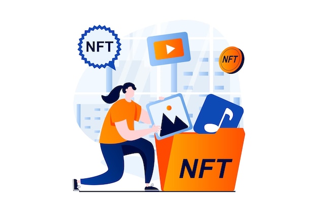 NFT token concept with people scene in flat cartoon design Woman creates paintings and digital art with non fungible tokens to sell on online marketplaces Vector illustration visual story for web