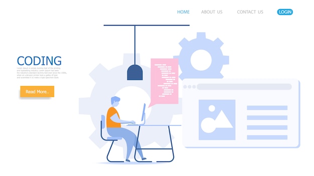 người đàn ông làm việc với trang đích vector mã hóa