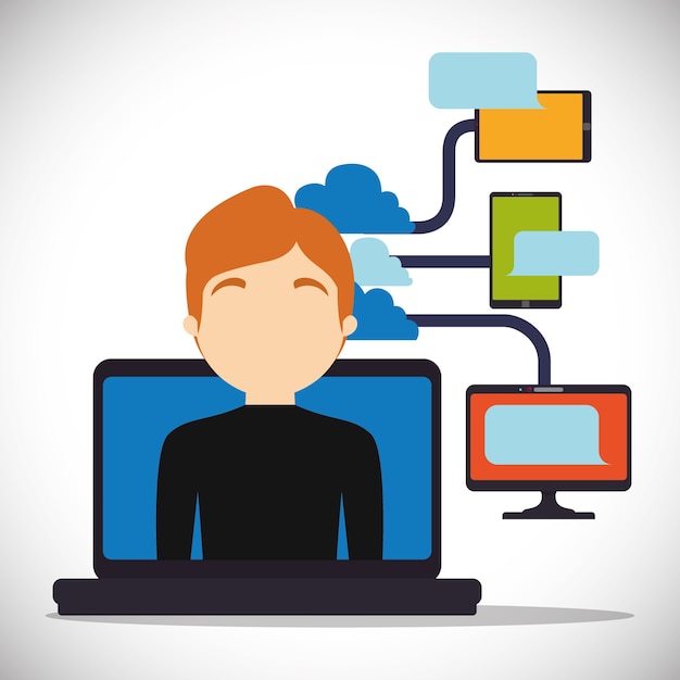 người đàn ông laptop đám mây kết nối thiết bị công nghệ trò chuyện