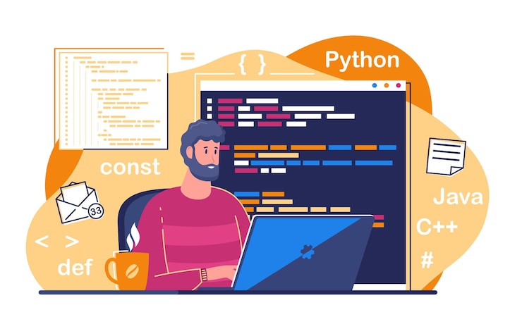 Vector nhân vật hoạt họa màu sắc, các lập trình viên nam đang làm việc, vector ý tưởng