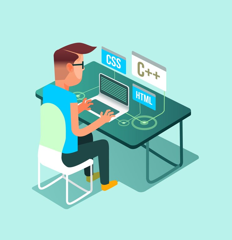 Vector nhân vật người đàn ông làm việc tự do tại nhà trên máy tính xách tay pc. công việc tự do