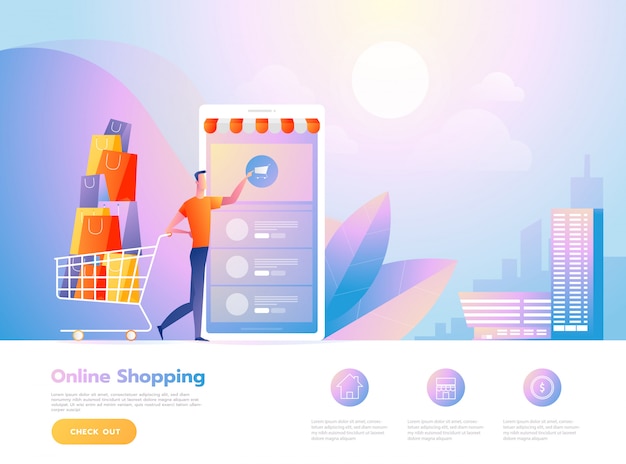 Những người mua sắm trực tuyến và tương tác với cửa hàng. Mẫu trang đích. Hình ảnh vector đẳng cự.
