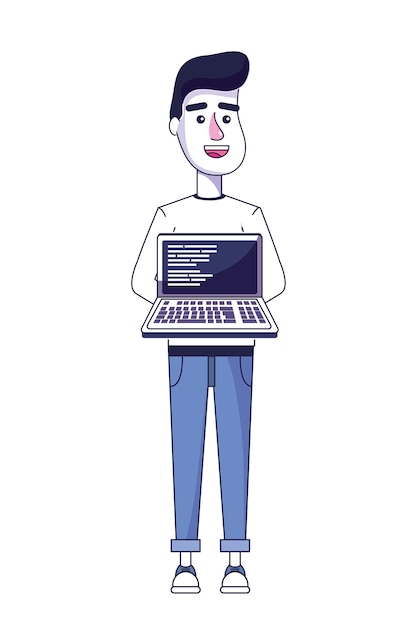 Nice man with laptop and code programing