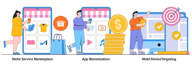 Niche service marketplace, app monetization, multi-device targeting concept with tiny people. Online retail vector illustration set. Buy and sell products, startup launch, mobile user metaphor.