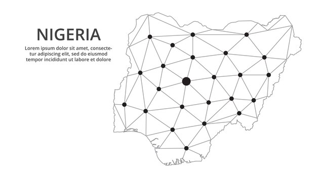 Nigeria communication network map Vector low poly image of a global map with lights in the form of cities Map in the form of a constellation mute and stars