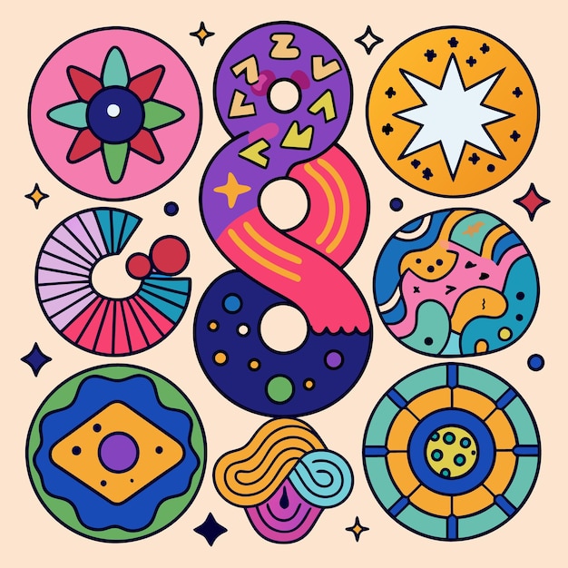 nine circular patterns each unique and filled with different colors and shapes creating a visually appealing composition