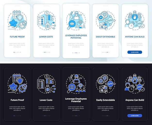 No code night and day mode onboarding mobile app screen