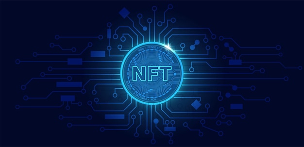 Non fungible token NFTTechnology background with circuitNFT logo dark blueCrypto currency concept