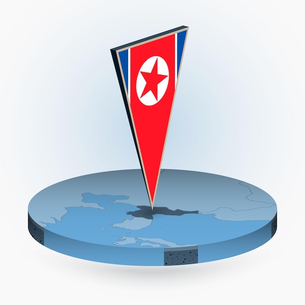 North Korea map in round isometric style with triangular 3D flag of North Korea