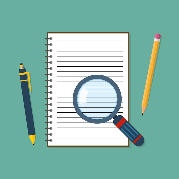 Notebook and magnifier.  illustration