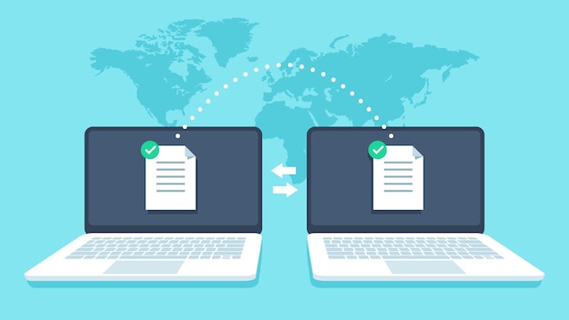 Notebooks file transfer. Data transmission, ftp files receiver and notebook computer backup copy. Document sharing vector concept