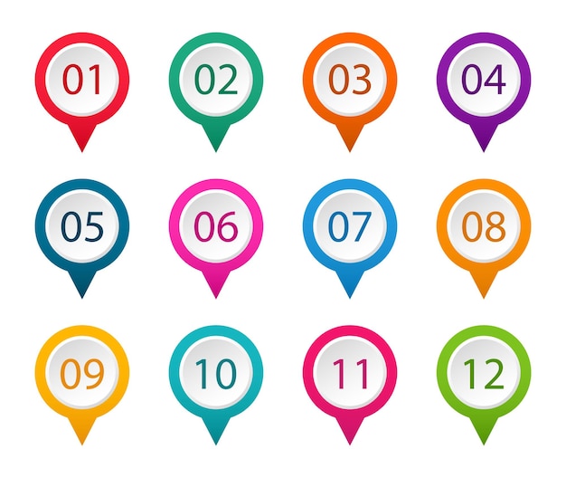 Number bullet point from one to twelve Colorful markers