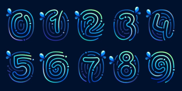 numbers set made of fingerprint with pure water waves and drops blue gradient line icons