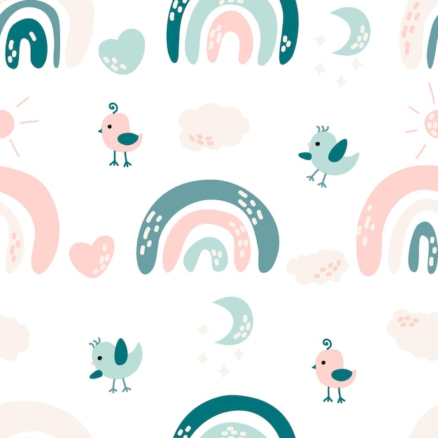 Nursery bird rainbow seamless pattern Boho rainbow and cute animal Abstract rainbow and clouds