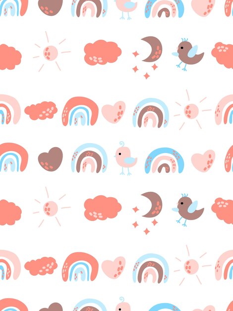 Nursery bird seamless pattern Boho rainbow and cute animal Abstract rainbow and clouds Poster