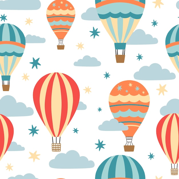 Nursery seamless pattern with air ballon stars and clouds It can be used for apparel wallpaper gift paper Vector illustration