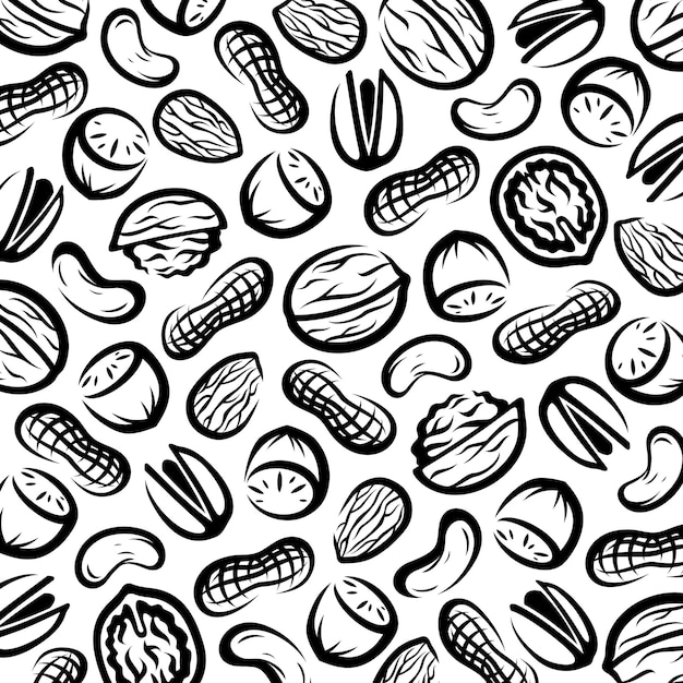 Nuts background pattern set Collection nuts icons Vector
