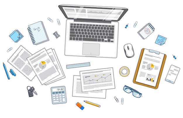 office desk workspace top view with laptop computer and analytics papers with graphs and data and stationery objects on table. all elements easy to use separately or recompose illustration. vector.