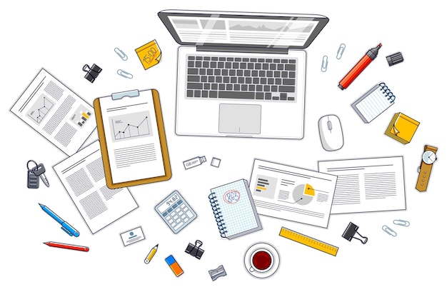 office desk workspace top view with laptop computer and analytics papers with graphs and data and stationery objects on table. all elements easy to use separately or recompose illustration. vector.