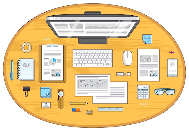Office desk workspace top view with PC computer and analytics papers with graphs and data and stationery objects on table. All elements are easy to use separately or recompose illustration. Vector.