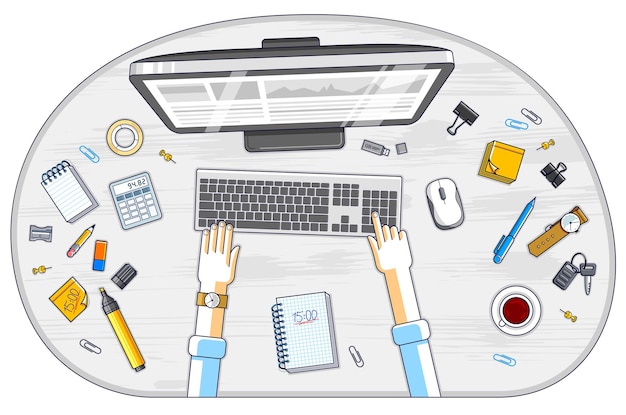 Office employee or entrepreneur work desk workplace with hands and PC computer and diverse stationery objects for work, top view. All elements are easy to use separately. Vector illustration.
