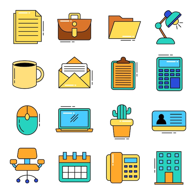 Office Icons set Contains such icons as Office Desk Office Chair Coffee Document Computer Mouse Clipboard