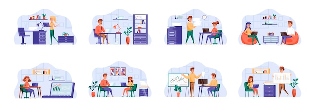 Office management scenes bundle with people characters