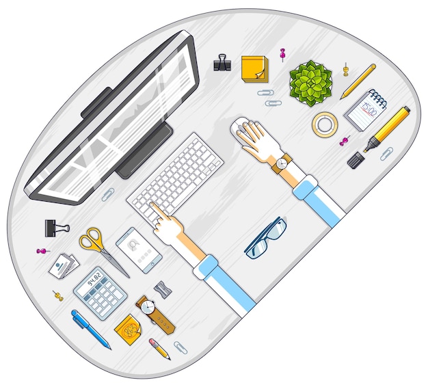Office worker or entrepreneur working on a PC computer, top view of workspace desk with human hands and diverse stationery objects. All elements are easy to use separately. Vector illustration.