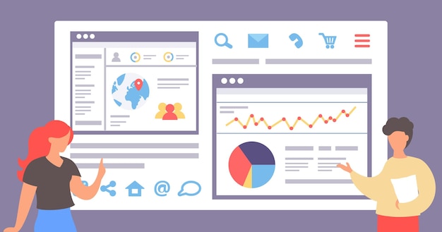 office workers near information presentation with digital indicators and charts