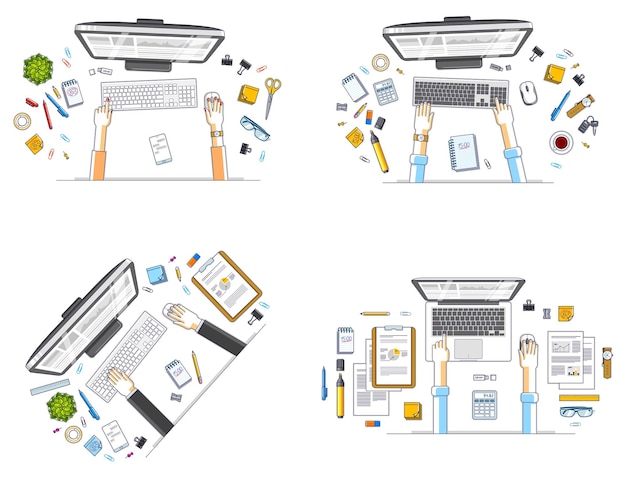 Office workers or entrepreneurs working on a PC computers, top view of workspaces desks with human hands and diverse stationery objects. All elements are easy to use separately. Vector set.