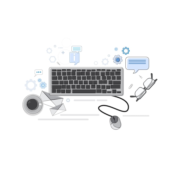 office workplace desk top angle view thin line vector illustration