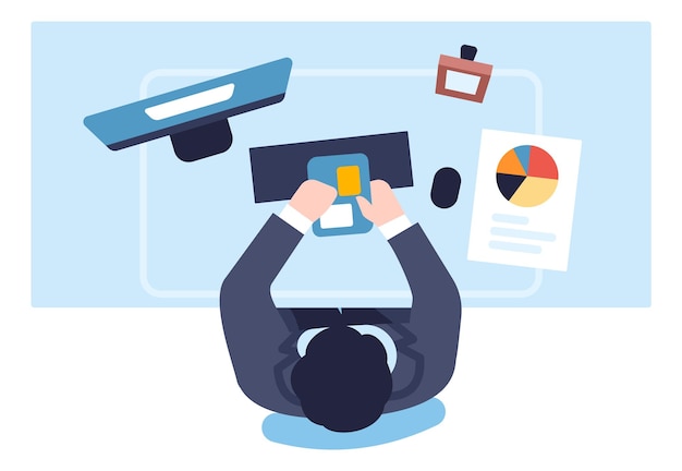 Office workplace top view Man working with computer Employee sitting at table Business document Project diagram PC screen and keyboard Businessman at desk Vector managers occupation