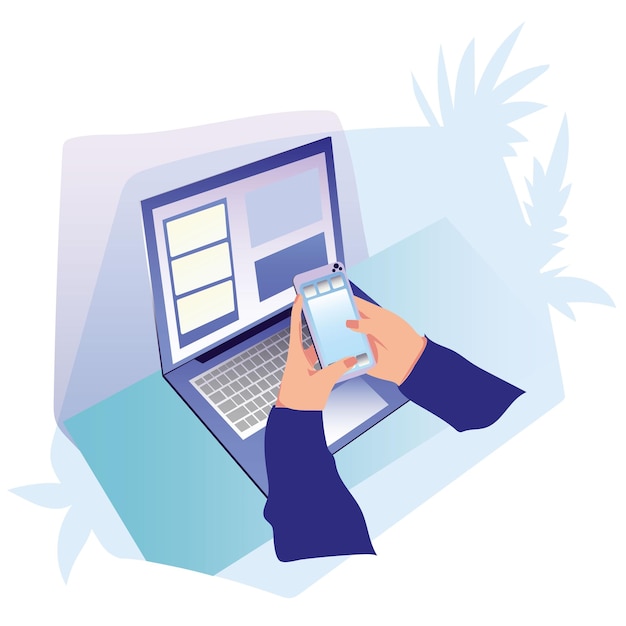 Office workplace Working with laptop and mobile Vector illustration in flat style