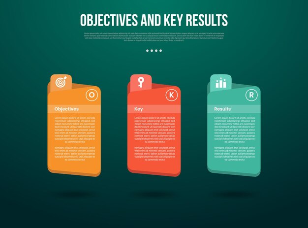 OKR Objectives and Key Results infographic template with creative folder box container with dark background style with 3 point for slide presentation