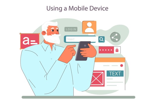 Old character with mobile phone Person in senior age confidently