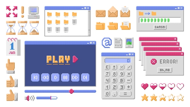 Old computer interface elements set Retro pc windows with buttons Vector illustration in pixel style