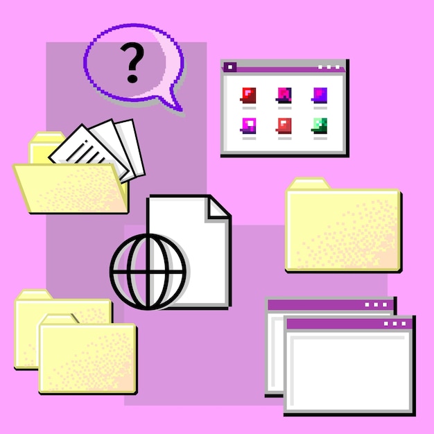 Old computer UI symbols Retro digital icons Document folders Question speech bubble Archive web window Search information in internet network Files storage Vector graphic signs set