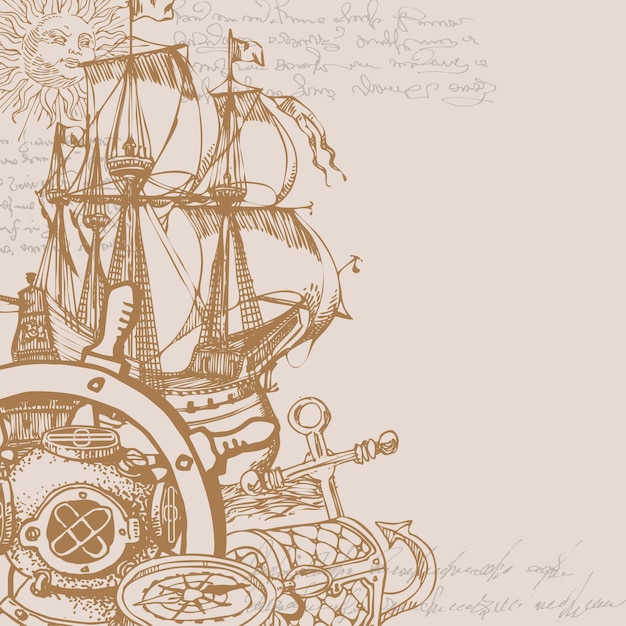 old postcard with nautical elements and items and logbook entries