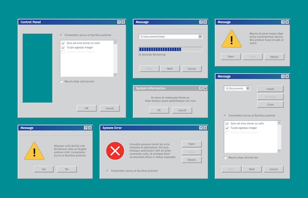 Old web ui Retro windows user interface alert boxes pop up tabs explorer window garish vector templates collection