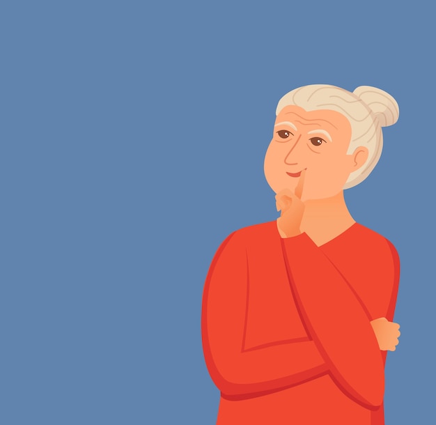 Old woman thinking with question marks