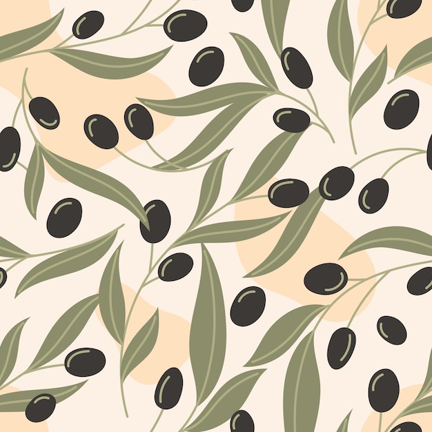olive branches with black berries and leaves vector seamless floral pattern in flat style