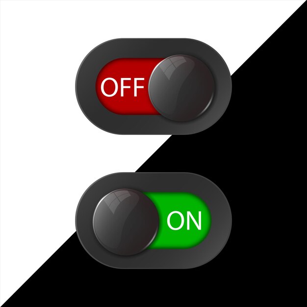 on off switches white with 3d effect with red and green background