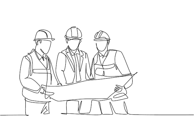 One continuous line drawing construction coordinator discussing construction design to team vector