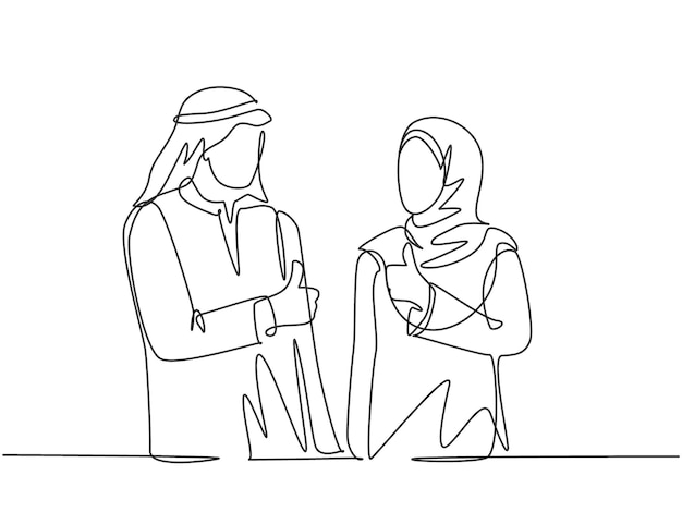 One continuous line drawing muslim male and female workers give thumbs up to celebrate job promotion