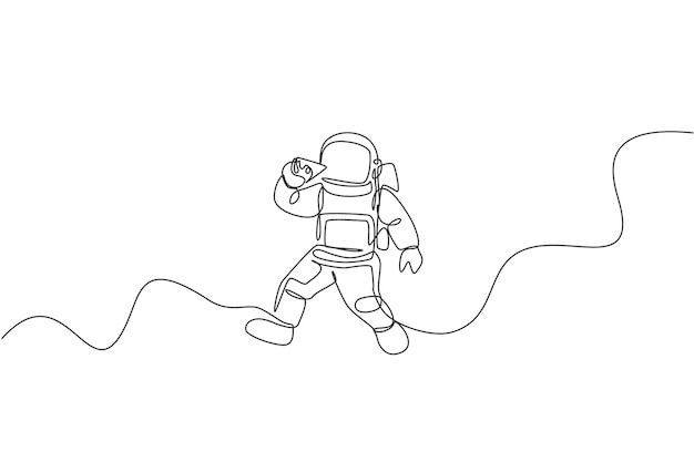 one continuous line drawing of cosmonaut laying relax on the moon eating french fries fantasy space