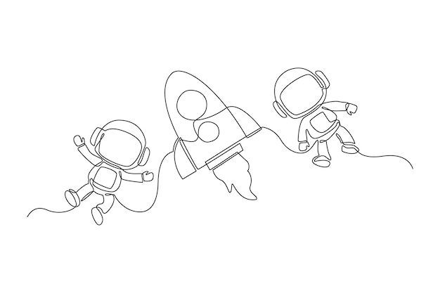 One continuous line drawing of two astronauts and a rocket Outer space and astronaut minimalist universe concept Dynamic single line draw design vector graphic illustration